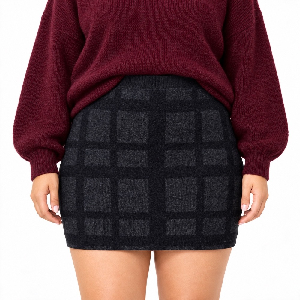 NWT Eileen Fisher Felted Merino Wool Plaid Skirt Black Women XL Stretch Mini New
